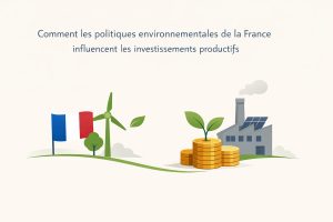 Illustration représentant l’impact des politiques environnementales françaises sur les investissements productifs. À gauche, le drapeau français flotte à côté d’une éolienne et d’éléments naturels symbolisant la transition écologique. À droite, une usine moderne équipée de panneaux solaires est associée à des piles de pièces dorées surmontées de jeunes plantes, illustrant l’investissement économique durable et la croissance verte.