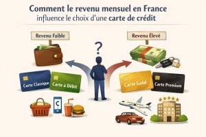 Infographie illustrant comment le revenu mensuel en France influence le choix d’une carte de crédit. Au centre, un personnage stylisé vu de dos, avec un point d’interrogation au-dessus de la tête, symbolise l’hésitation du consommateur. À gauche, la section « Revenu faible » montre un portefeuille peu rempli, des cartes bancaire classique et à débit, ainsi que des dépenses du quotidien comme l’alimentation et les achats courants. À droite, la section « Revenu élevé » présente des liasses de billets, des clés, des cartes Gold et Premium, ainsi que des symboles de dépenses plus importantes tels qu’un avion, une voiture et un hôtel haut de gamme, représentant un niveau de consommation et de services plus élevé.