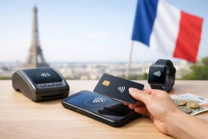 Image réaliste illustrant l’innovation dans les paiements en France, montrant une carte bancaire sans contact utilisée avec un smartphone et un terminal de paiement, accompagnée d’une montre connectée et de billets en euros, avec la tour Eiffel et un drapeau français en arrière-plan, symbolisant l’évolution des habitudes de paiement et la modernisation des services proposés par les banques.