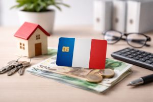 Les cartes de crédit sont mises en évidence sur des billets en euros, accompagnées de pièces de monnaie, de clés et d'une petite maison décorative, représentant les limites de crédit, l'approbation financière et une utilisation responsable en France, dans un cadre minimaliste et bien éclairé.