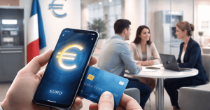 Paiement mobile et carte bancaire dans une agence moderne.