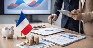 Documents financiers, drapeau français et piles de pièces représentant les investissements en Europe.