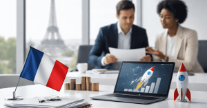 Ordinateur portable avec graphique de croissance et icône de fusée illustrant les investissements numériques.