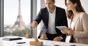 Conseillers financiers équilibrant des pièces sur une balance, symbole des investissements stratégiques en France.