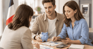 Couple consultant un conseiller financier pour l’épargne et le budget.