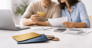 Couple analysant ses finances à domicile, avec des cartes de crédit et des pièces posées sur la table.