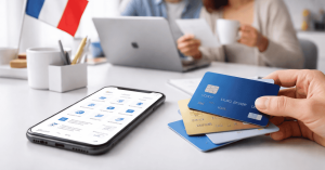 Main tenant plusieurs cartes de crédit à côté d’un smartphone bancaire, illustrant la gestion financière moderne.
