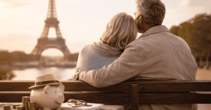 Investissements pour la retraite d’un couple senior devant la tour Eiffel à Paris.