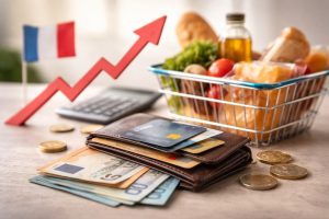 L’image illustre visuellement cette réalité économique à travers une scène du quotidien : un portefeuille contenant des cartes de crédit et des billets en euros, accompagné de produits alimentaires essentiels.