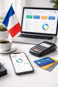 Un environnement de travail minimaliste avec un drapeau français en arrière-plan, un ordinateur portable affichant une interface bancaire floue, un smartphone avec une application financière ouverte, un terminal de paiement sans contact et trois cartes de crédit sur une table claire, représentant l'open banking et les changements concrets dans les moyens de paiement en France.