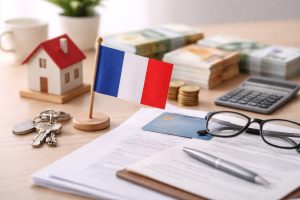 Résumé de l’image : L’image illustre de manière réaliste et épurée l’univers du financement en France. On y voit un petit drapeau français posé sur un bureau clair, un contrat bancaire, une carte bancaire, des clés et une maquette de maison, ainsi que des pièces et des billets soigneusement disposés.
