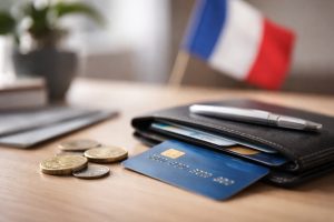 L’image présente une scène minimaliste et réaliste : un portefeuille en cuir ouvert sur une table en bois clair, laissant apparaître une carte bancaire, accompagné de quelques pièces en euros.