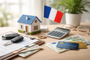 Cena minimalista e realista sobre planejamento financeiro na França com elementos organizados sobre uma mesa clara: miniatura de casa, bandeira francesa, calculadora, cartões bancários e notas de dinheiro ao lado de um chaveiro de carro e documentos financeiros, representando escolhas financeiras responsáveis e uso estratégico de Cartes de crédit no contexto do perfil financeiro pessoal.