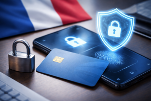 Close-up realista de um cartão bancário azul com chip dourado apoiado sobre um smartphone com ícone luminoso de cadeado e leitura de impressão digital na tela, ao lado de um cadeado metálico sobre uma mesa de madeira; ao fundo aparece desfocada a bandeira da França, simbolizando tecnologias antifraude e proteção digital associadas ao uso de Cartes de crédit e segurança de pagamentos eletrônicos.