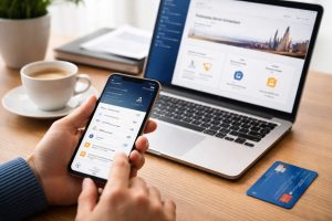 Un moment du quotidien où les outils numériques facilitent la gestion financière, illustrant la modernisation des services proposés par les banques en France.