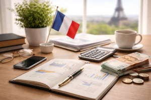 Ambiente minimalista de planejamento financeiro com elementos de Investissements na França, incluindo caderno aberto com gráficos, pilha de notas e moedas em euro, calculadora, smartphone e bandeira francesa sobre mesa de madeira, com vista suave da Torre Eiffel ao fundo.