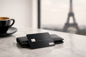 Cartes de crédit premium posicionada sobre uma carteira elegante em superfície de mármore claro, com uma xícara de café ao lado e a Torre Eiffel desfocada ao fundo, transmitindo sofisticação, estilo de vida moderno e exclusividade na França.