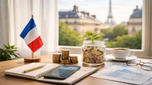 Scène épurée et lumineuse illustrant l’univers financier en France, avec des éléments symbolisant l’épargne et la croissance, dans un intérieur parisien élégant avec la Tour Eiffel en arrière-plan.