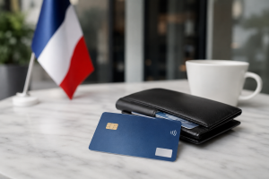 Donna seduta in un elegante caffè francese con una carta bancaria tra le mani mentre controlla le spese sullo smartphone, in un ambiente minimalista e raffinato con illuminazione naturale soffusa. Sul tavolo sono presenti una tazza di caffè, un portafoglio discreto e dettagli moderni che richiamano la vita quotidiana in Francia. L’immagine rappresenta il concetto di gestione finanziaria personale e utilizzo intelligente delle Cartes de crédit e dei pagamenti a debito differito, con composizione pulita, realistica e senza elementi testuali.