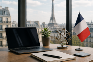 Vue réaliste et minimaliste d’un espace de travail moderne à Paris, illustrant le thème des Investissements dans les jeunes entreprises technologiques françaises. Un ordinateur portable noir est posé sur un bureau en bois clair, accompagné d’un carnet élégant et d’un stylo. À l’arrière-plan, la tour Eiffel apparaît légèrement floue derrière une grande fenêtre baignée de lumière naturelle. Une petite plante verte et une structure métallique décorative renforcent l’atmosphère contemporaine et innovante, tandis qu’un drapeau français discret évoque l’écosystème entrepreneurial local. L’ensemble présente une ambiance professionnelle, épurée et sophistiquée, sans texte ni éléments graphiques.