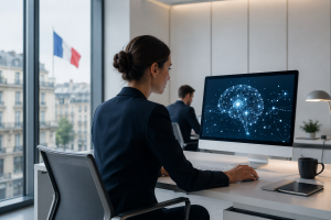 Une professionnelle assise dans un bureau moderne et minimaliste à Paris utilise un ordinateur affichant une visualisation numérique inspirée de l’intelligence artificielle. À travers les grandes fenêtres, un bâtiment parisien et un drapeau français apparaissent en arrière-plan. L’atmosphère élégante et épurée illustre la transformation technologique des Banques françaises et leur intégration croissante des systèmes intelligents dans les services financiers.