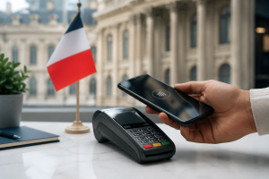 Une scène réaliste et minimaliste illustre l’intégration des paiements mobiles au sein des Banques françaises. Au premier plan, une main tient un smartphone moderne à proximité d’un terminal de paiement sans contact posé sur une surface claire et élégante. L’écran du téléphone affiche uniquement un symbole de paiement, sans aucun texte visible. À gauche de la composition, un petit drapeau français est placé sur un bureau épuré, accompagné d’une plante verte et d’un carnet discret. En arrière-plan, un bâtiment à l’architecture classique évoque le secteur financier et institutionnel français. La profondeur de champ réduit les distractions visuelles et met l’accent sur l’interaction entre le téléphone et le terminal. L’éclairage naturel, les contrastes équilibrés et l’esthétique sobre renforcent l’idée d’innovation, de sécurité et de modernisation des services financiers en France.